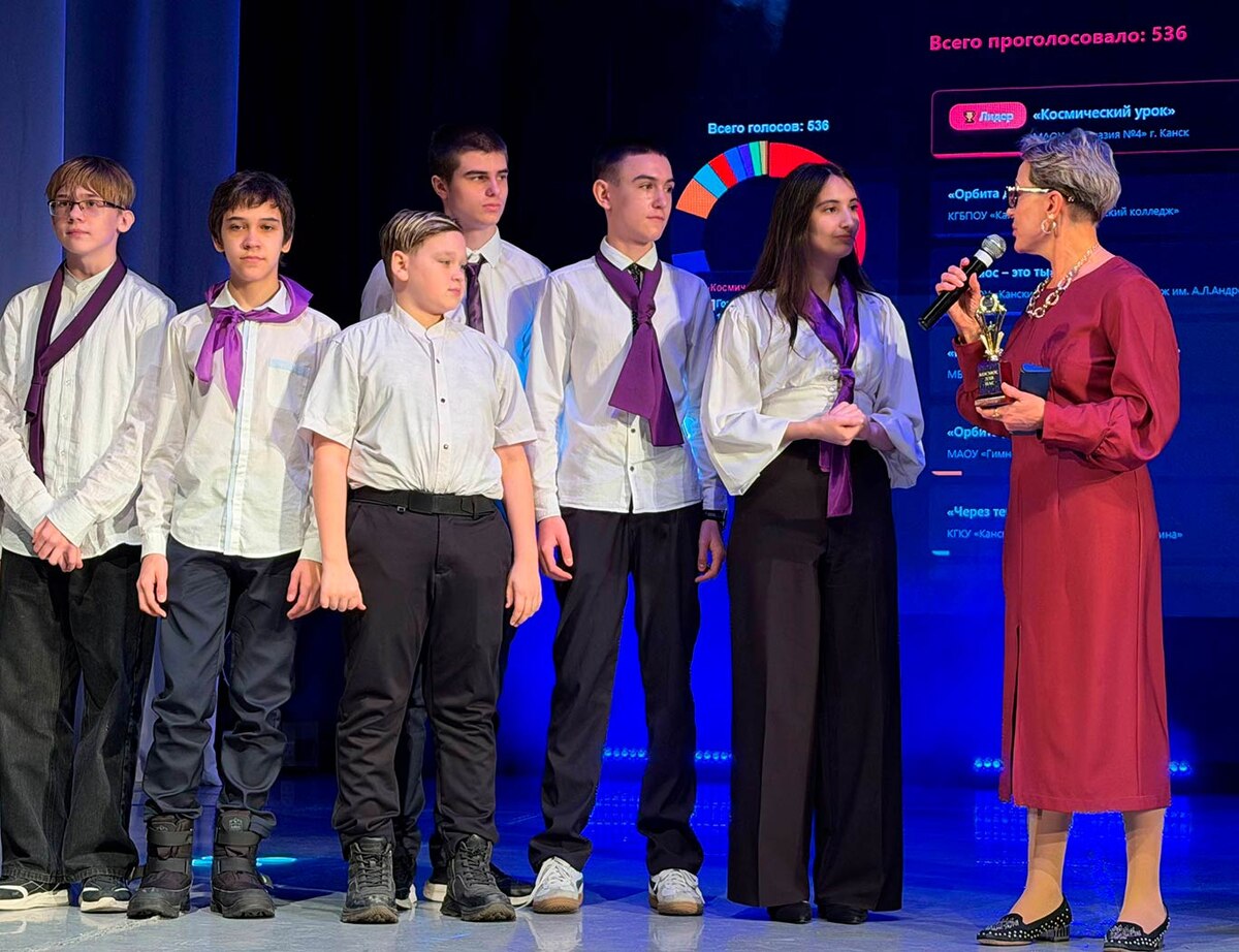 Команда гимназии №4 получает кубок победителя от Жанны Трифоновой, вице-президента Российской и Международной Макаренковской Ассоциации по международным отношениям, магистра кафедры медицины, психологии и педагогики Первого Римского университета La Sapienza.