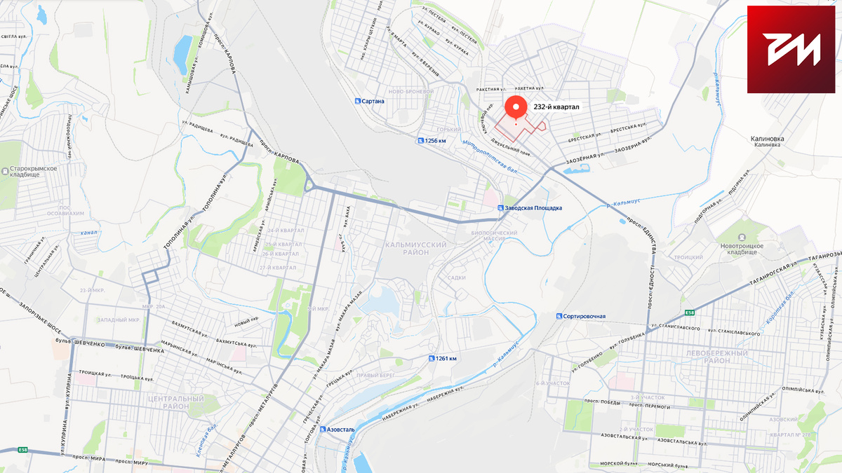 Расположение 232-го микрорайона, именуемого в народе «Пентагон», на карте Мариуполя.