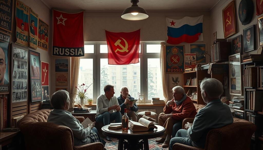    Сцена ностальгии по СССР с людьми, обсуждающими свое прошлое среди советских символов и старинных книг.