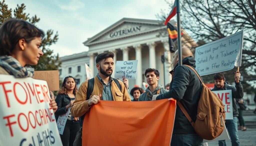    Современная протестная акция с активистами, обсуждающими в парке перед зданием правительства.