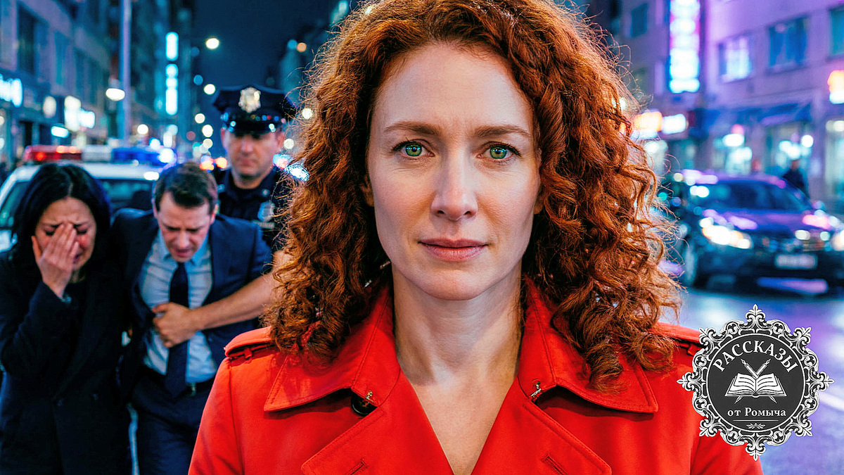 Женщина с рыжими волосами и зелеными глазами, в ярко-красном плаще, стоит на фоне ночного города, на заднем плане полиция уводит мужчину в костюме и плачущую женщину.