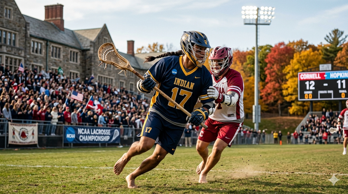 Битва за престиж: Напряженный момент в лакроссе в элитном колледже. Изображение сгенерировано с помощью ИИ.