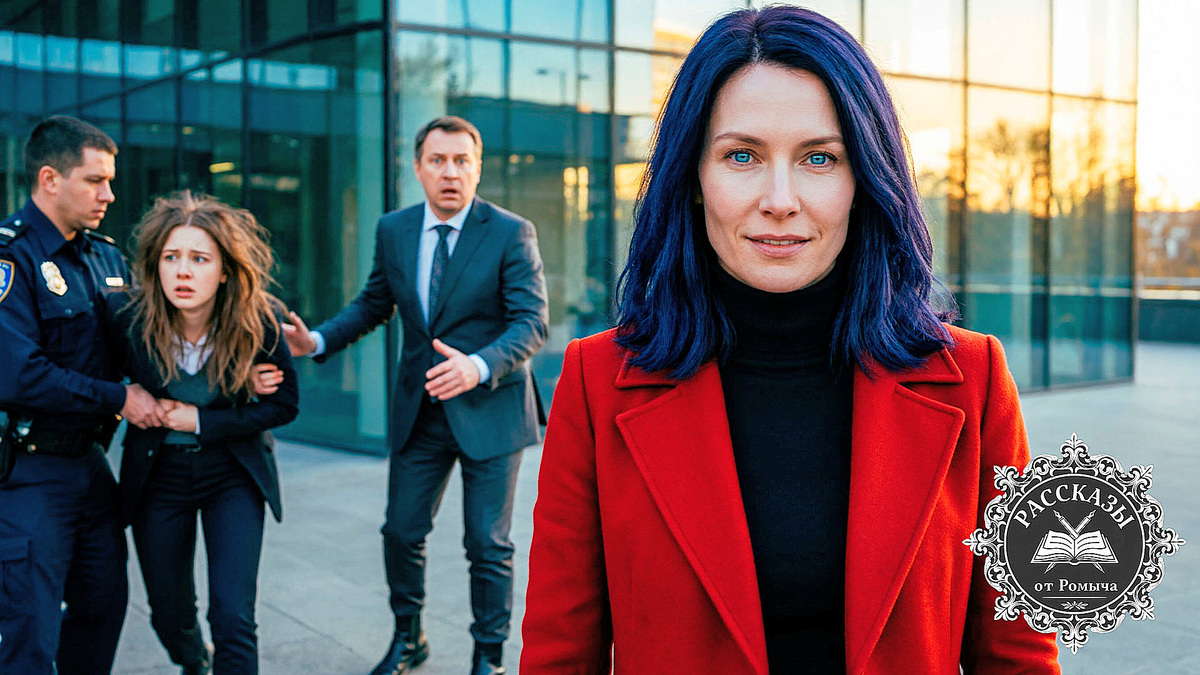 Женщина с иссиня-черными волосами и ярко-васильковыми глазами в ярко-красном пальто стоит на фоне офисного здания. Позади неё растерянный мужчина в дорогом костюме и молодая девушка, которую уводит полиция.
