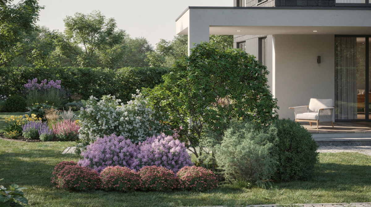 Сделано в LandComp -  ароматная композиция у крыльца с сиренями и чубушником