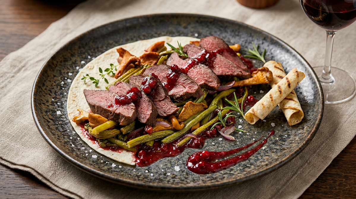 Филе оленя с папоротником и лисичками в брусничном соусе