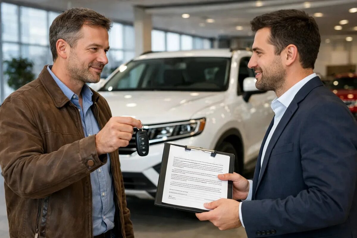 Автосалон. Дилер передает покупателю ключи от новой машины