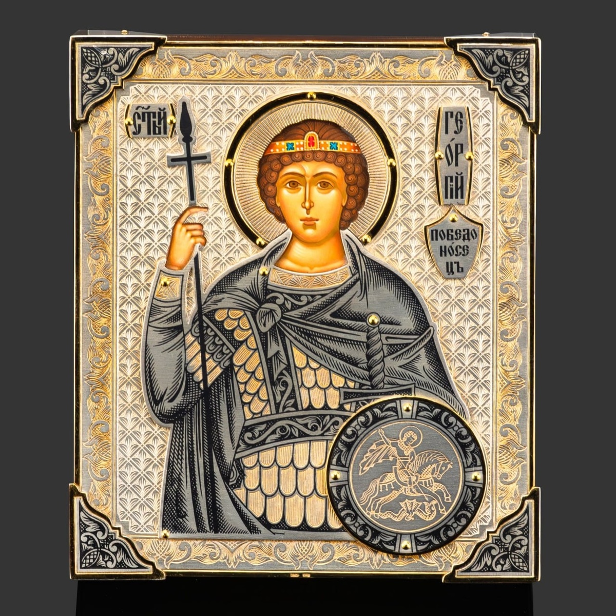 Икона Святой Георгий Победоносец, серебро 925 пробы, чернение, золочение; дерево, Российская Федерация, 2025 г.