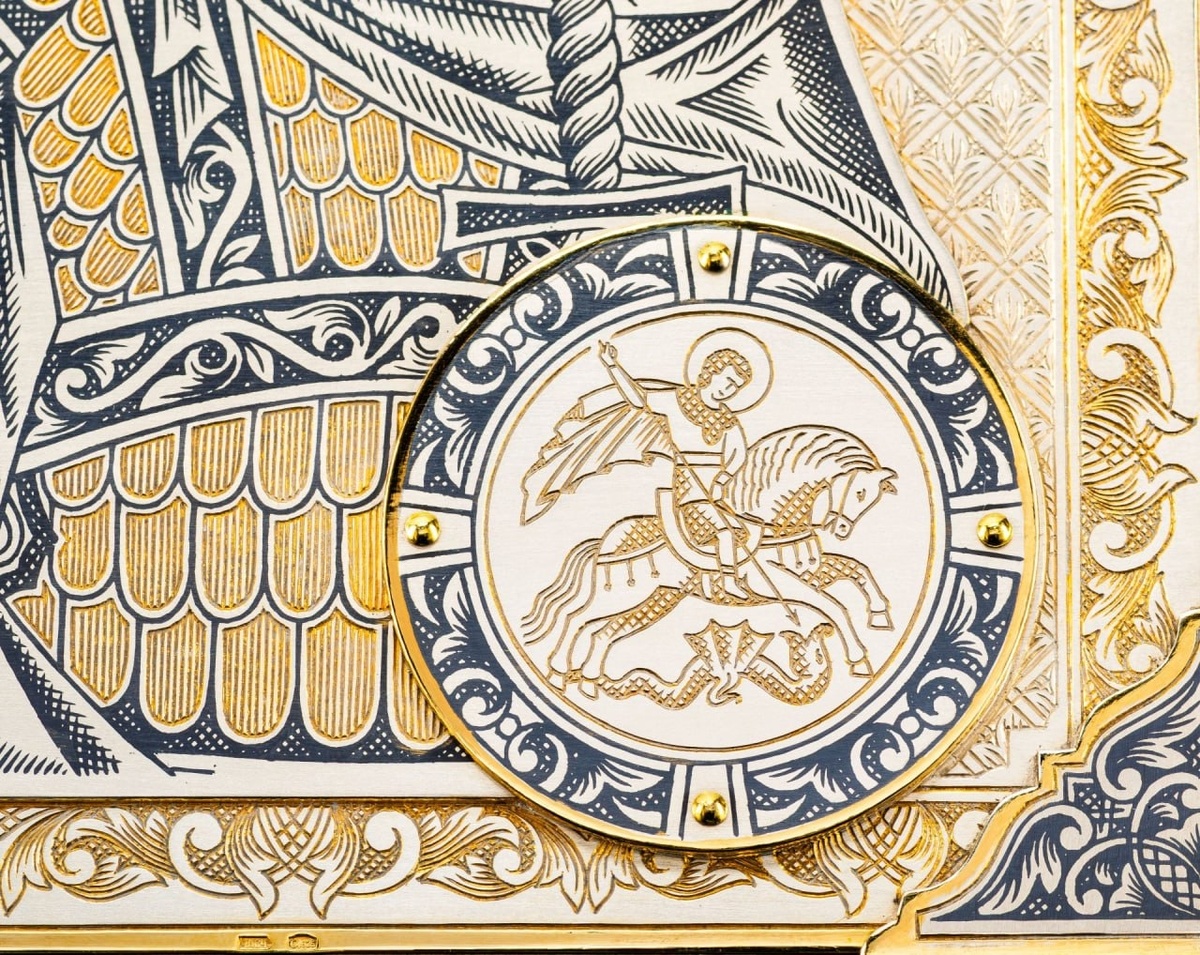 Икона Святой Георгий Победоносец, серебро 925 пробы, чернение, золочение; дерево, Российская Федерация, 2025 г.