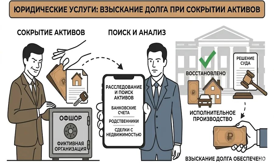 Юридические услуги: взыскание долга, когда оппонент прячет активы