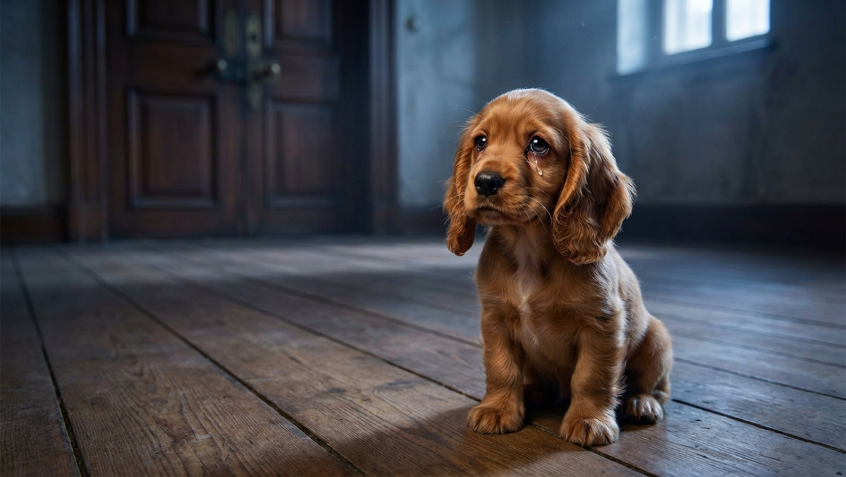 Крошечный, пушистый щенок с грустными глазами и опущенными ушками сидит в полном одиночестве на большом полу в полумраке незнакомой комнаты