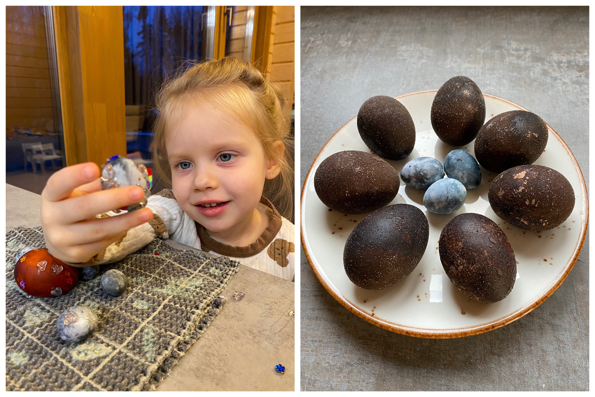 Красила шелухой и попробовала сияющие яйца в красном вине (реально работает, правда осыпается сильно), и перепелиные в каркаде, Настя клеила стразы 