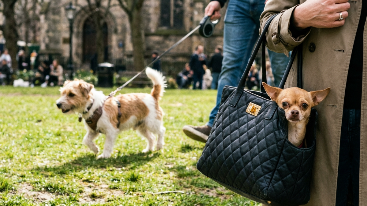 Крошечная, напряженная собачка выглядывает из модной дизайнерской сумочки