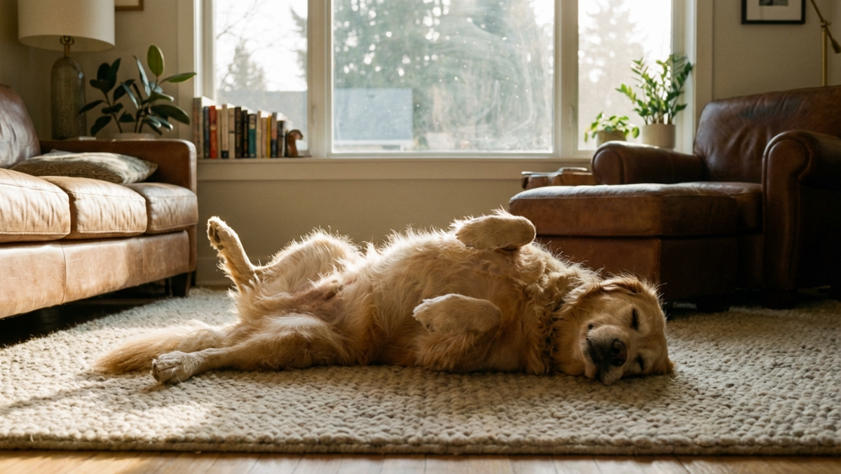 Собака безмятежно спит на спине кверху пузом на залитом солнцем ковре, демонстрируя полное доверие