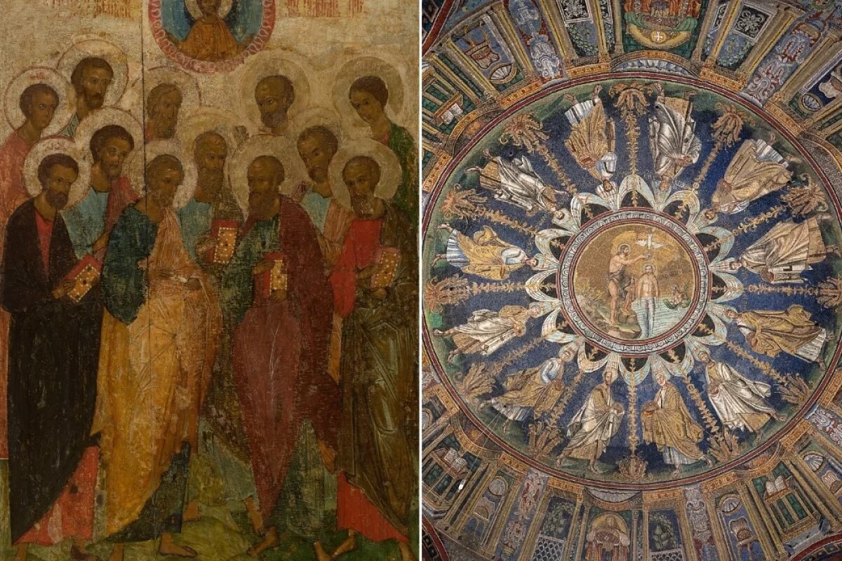    Собор Двенадцати Апостолов (новгородская икона, около 1432 года); Двенадцать апостолов (мозаика Баптистерия православных, Равенна, V век).