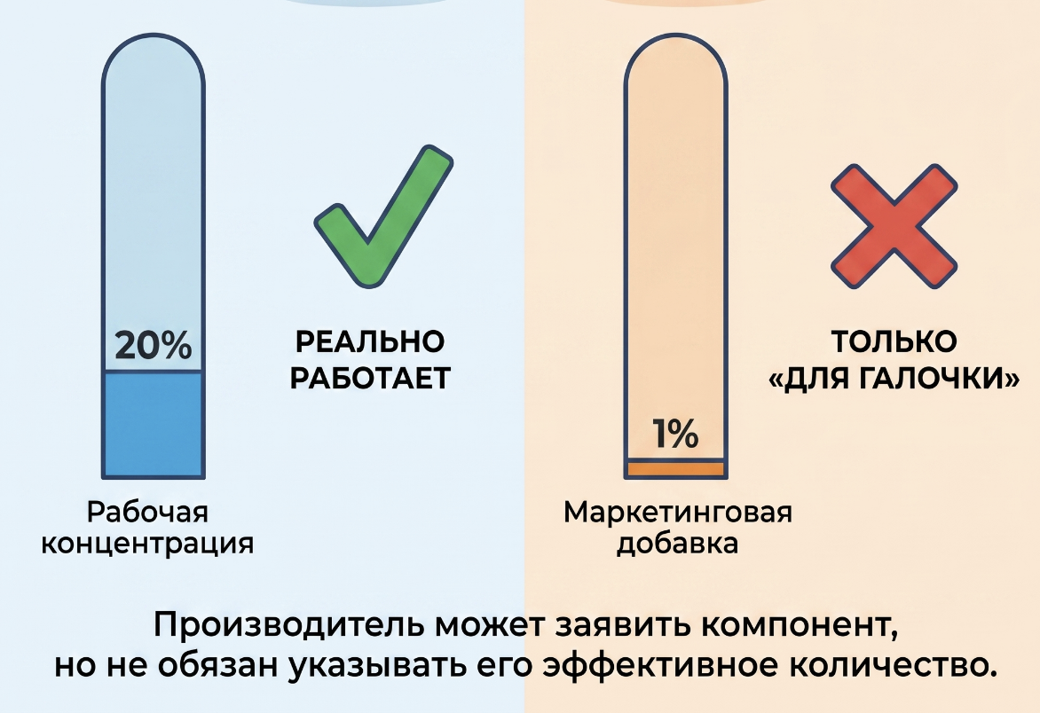 Важно не столько само наличие компонента в составе, сколько его рабочая концентрация и в какой концентрации он добавлен в продукт.