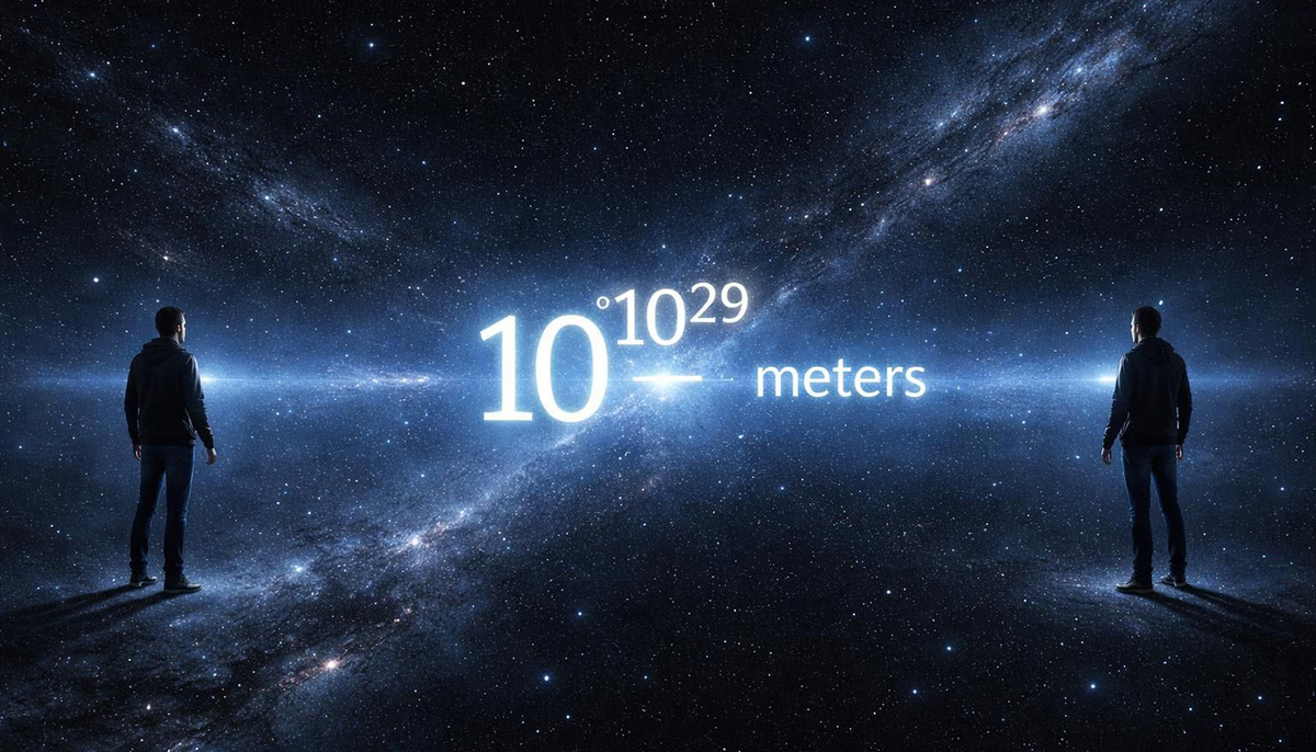 Если Вселенная бесконечна, где-то существует точная копия каждого из нас. Расстояние до неё – 10^(10^29) метров, но из‑за ускоренного расширения мы никогда не встретимся.

