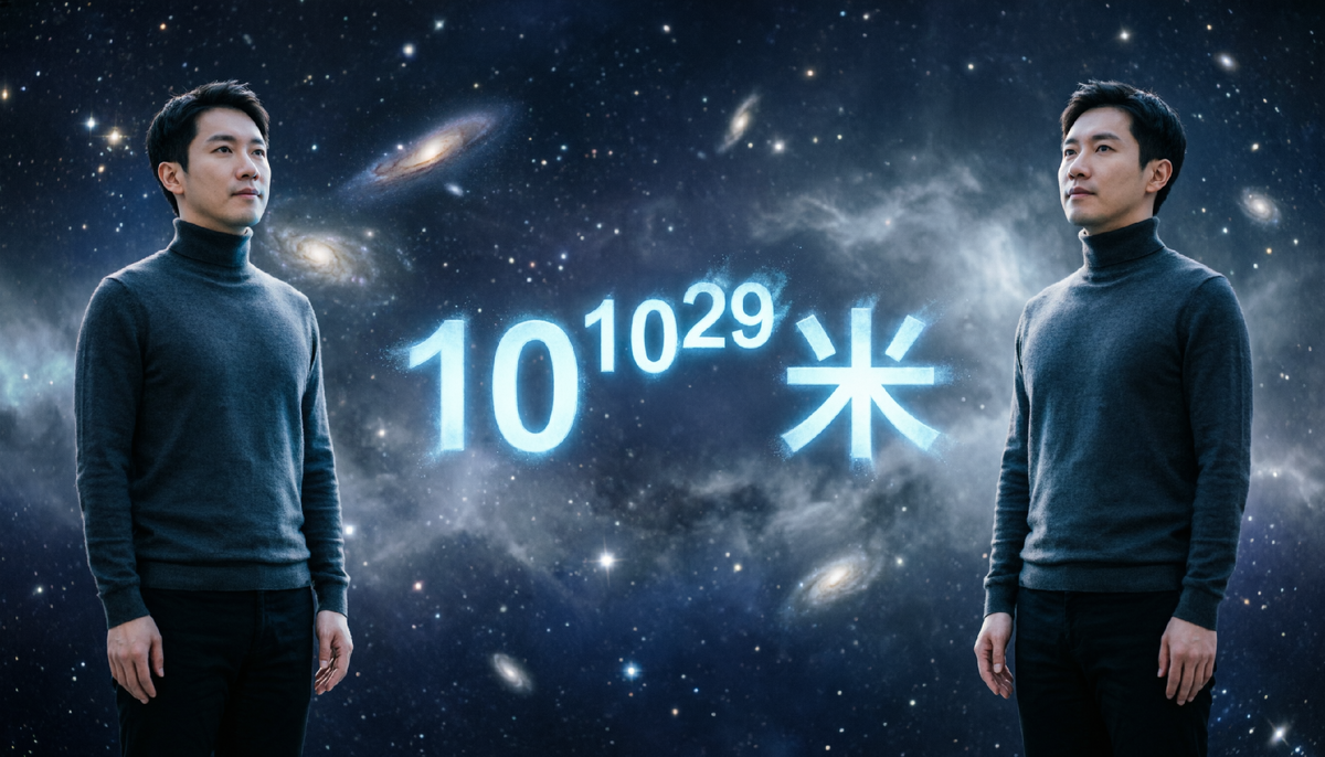 Если Вселенная бесконечна, где-то существует точная копия каждого из нас. Расстояние до неё – 10^(10^29) метров, но из‑за ускоренного расширения мы никогда не встретимся.

