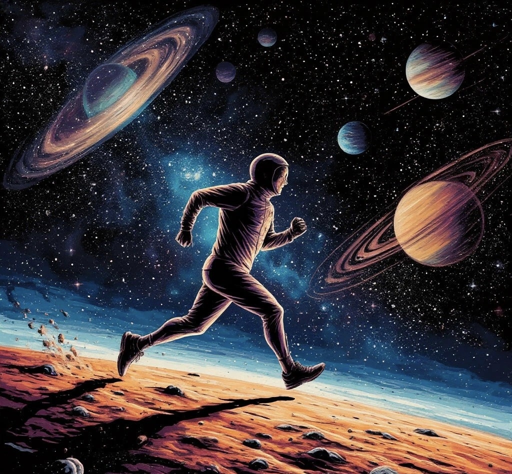 Это я бегу свой космический ультрамарафон по мнению нейросети 😅