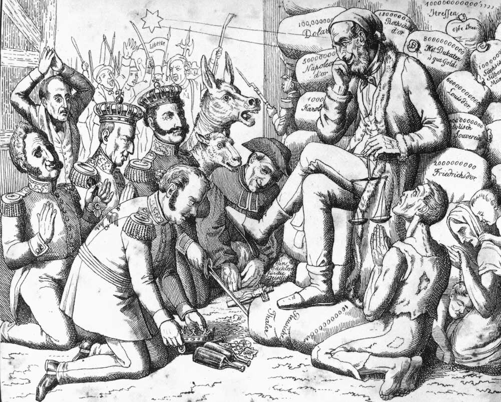 Литография. Монархи Европы у ног Амшеля Майера Ротшильда. 1848 год. Источник: vokrugsveta.ru