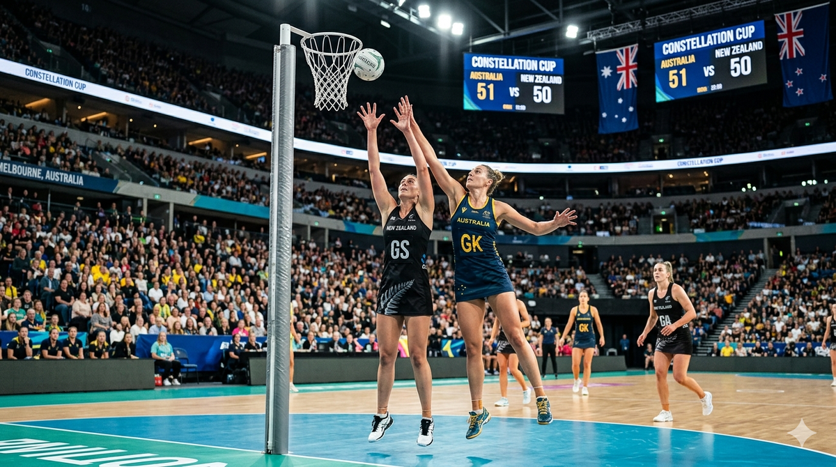 Битва титанов Южного полушария: Напряженный момент в нетболе. Изображение сгенерировано с помощью ИИ.