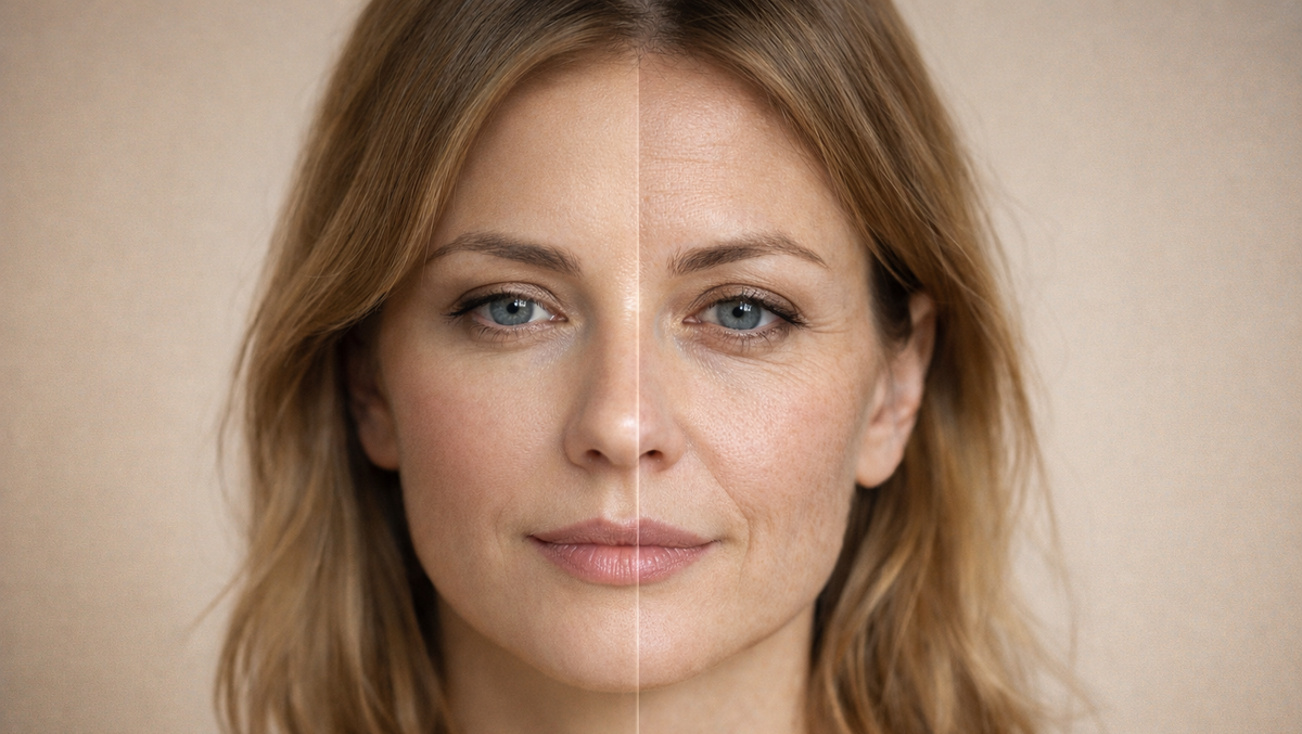 Одна половина женского лица с плотной кожей, другая с легкой потерей тонуса