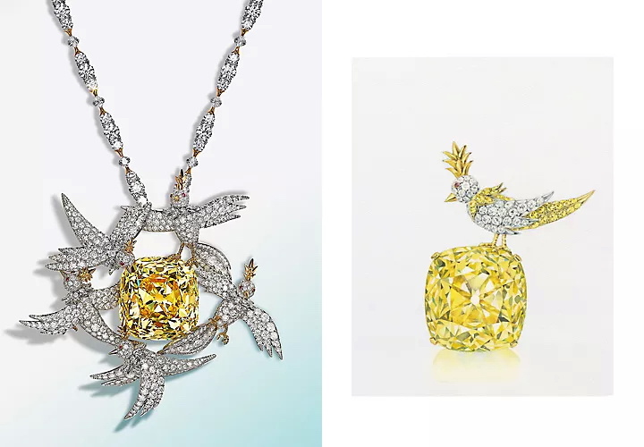 Bird on a Rock с желтым бриллиантом Tiffany весом 128,54 карата: в трансформируемой подвеске 2023 года и броши 1995 года, а также вариации мотива с цветными камнями (2 фото)