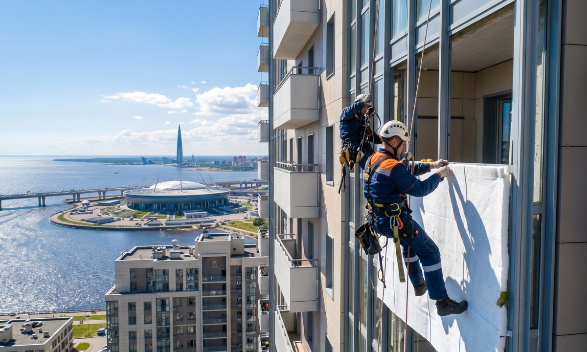 Сложные работы по замене холодного фасадного остекления на теплое «вторым контуром» на высотных объектах.