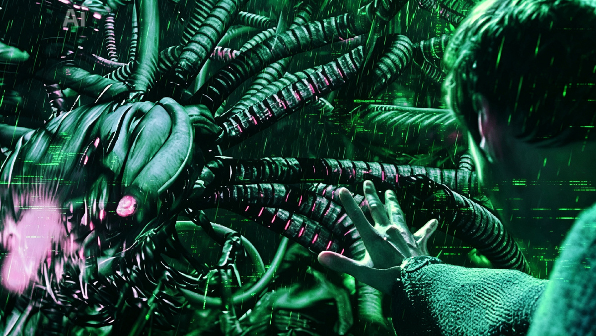 Нео останавливает Сентинелов в реальном мире.