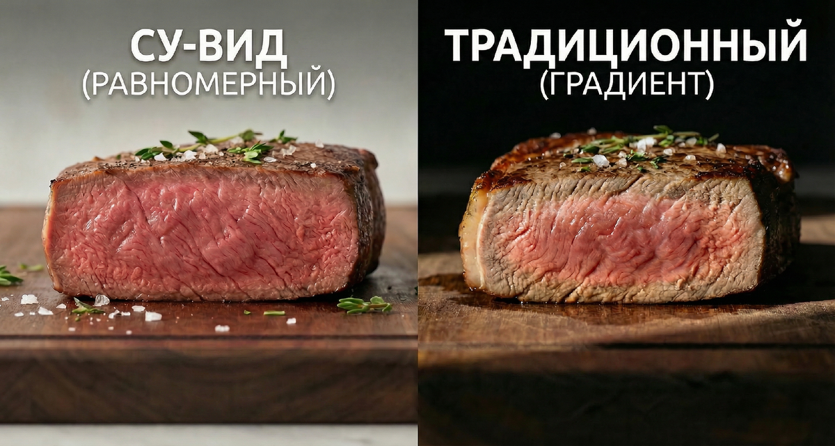 Разница видна сразу. Слева — стейк су-вид: розовый от края до края, равномерный. Справа — стейк с обычной сковороды: серые пережаренные края и маленький розовый центр. Это не мастерство шефа — это метод