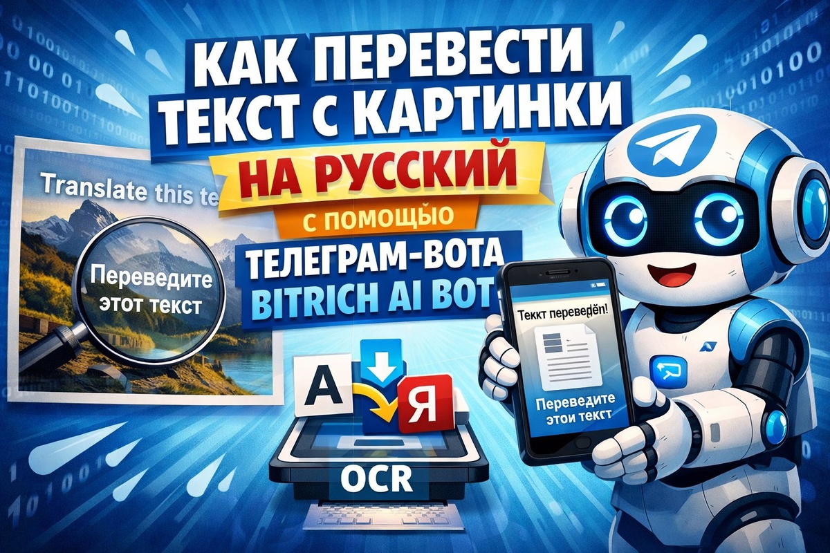 Сделай обложку для статьи: Как перевести текст с картинки на русский, с помощью телеграм бота Bitrich Ai Bot