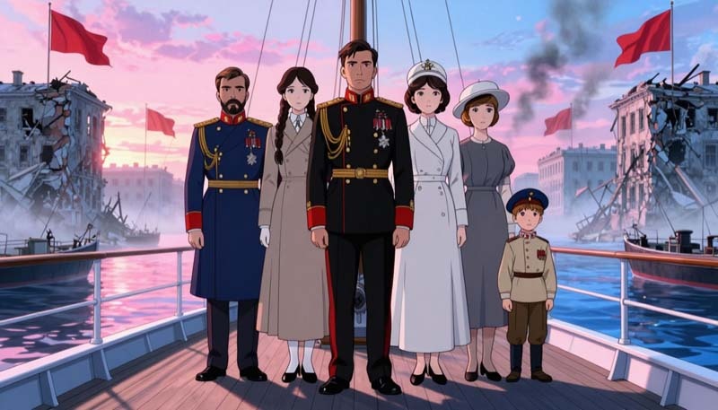 Адмирал Колчак эвакуирует Николая II, трёх его дочерей и сына из революционного Петрограда на крейсере «Аврора». Кадр из мульсериала «Адмиралъ Колчакъ»