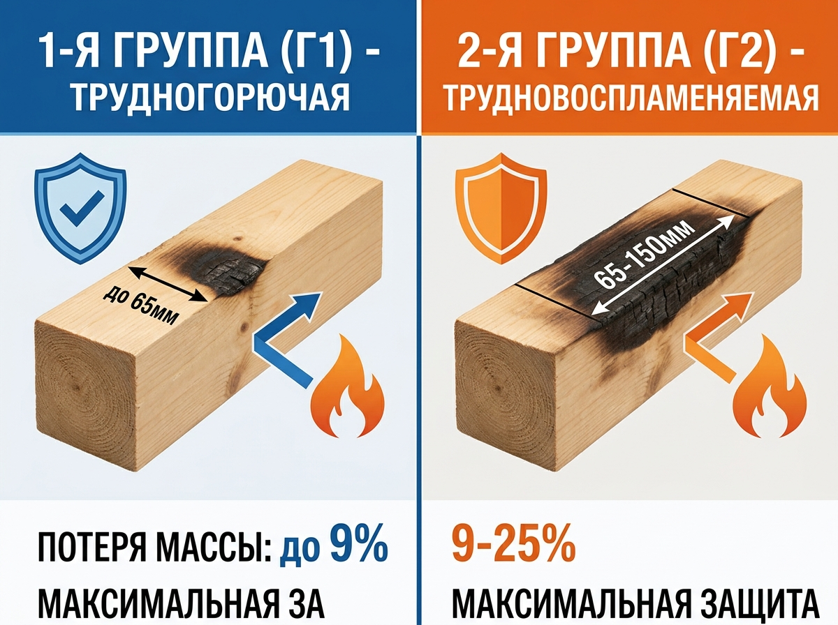 Древесина с огнезащитой 1-й и 2-й группы: внешне похожи, но эффективность разная. Выбор зависит от объекта и требований безопасности.