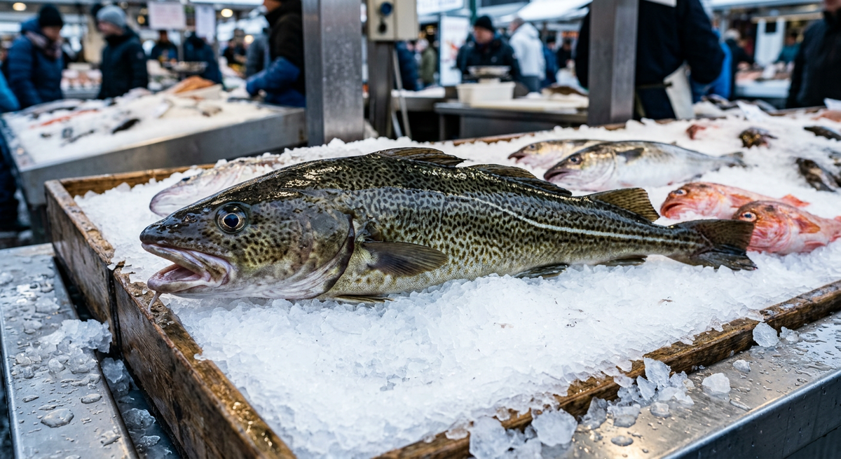 Свежая треска на льду — снежно-белая, плотная, с характерным пятнистым узором на коже. Именно такой вид должен быть у хорошей рыбы. Серый цвет мякоти, мутные глаза или тяжёлый запах — признаки несвежести. Берите только то от чего пахнет морем, а не рыбой