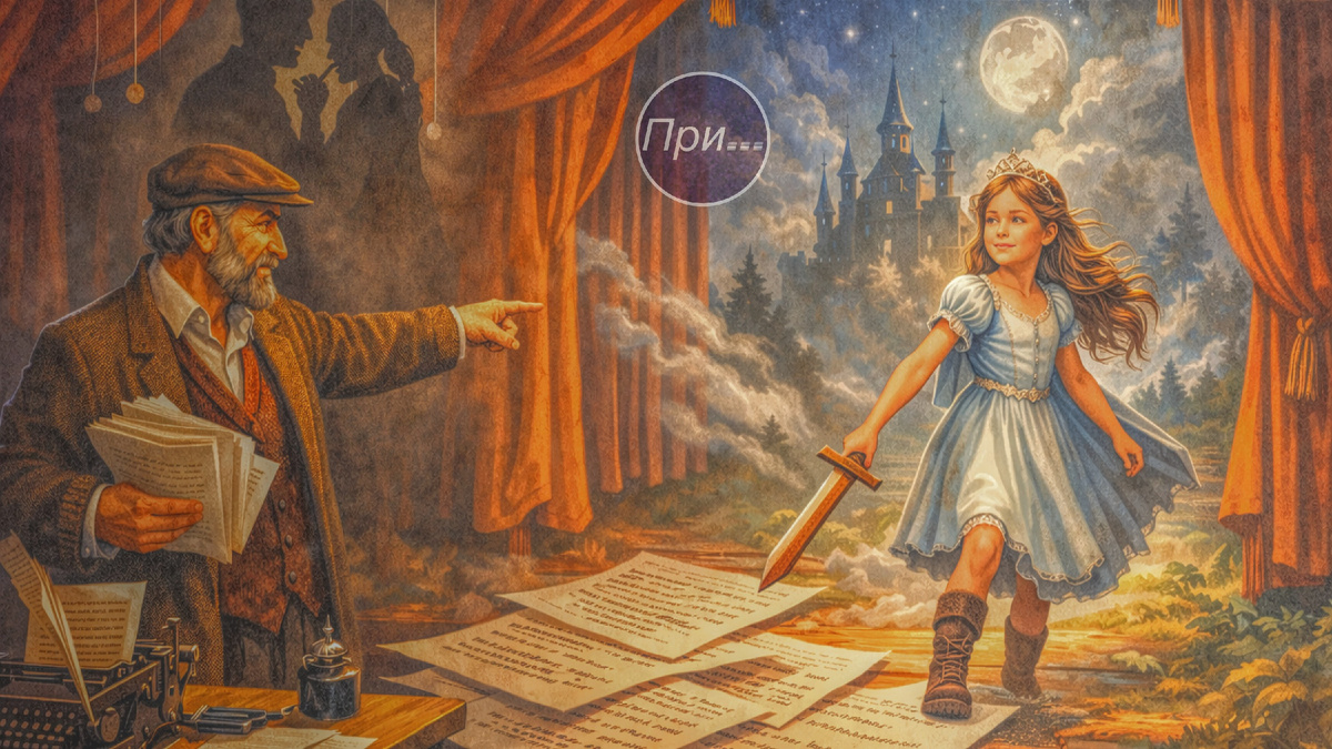 Титульная иллюстрация к статье Олега Лубски «Почему иногда возникают вопросы к представителям индустрии или Где заканчивается текст и начинается сценарий» | © автор AI-assisted иллюстрации Олег Лубски 2026