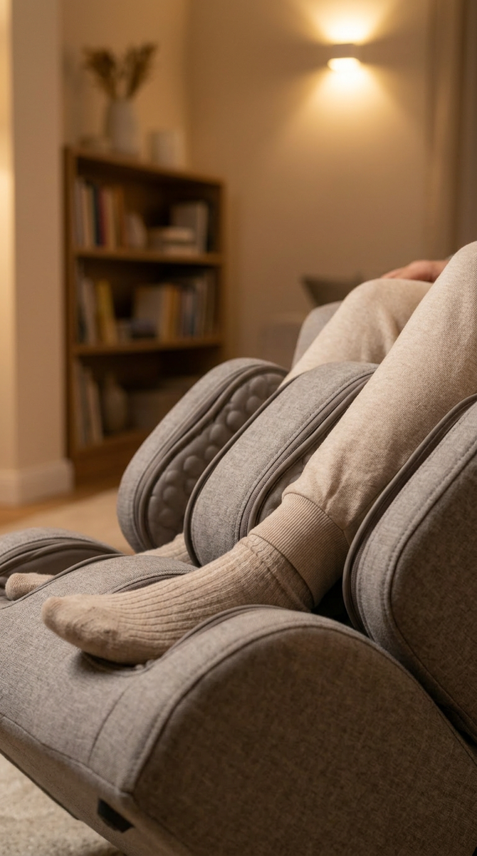 Воздушно‑компрессионные подушки мягко сжимают икры и стопы, улучшая отток жидкости и уменьшая отёчность