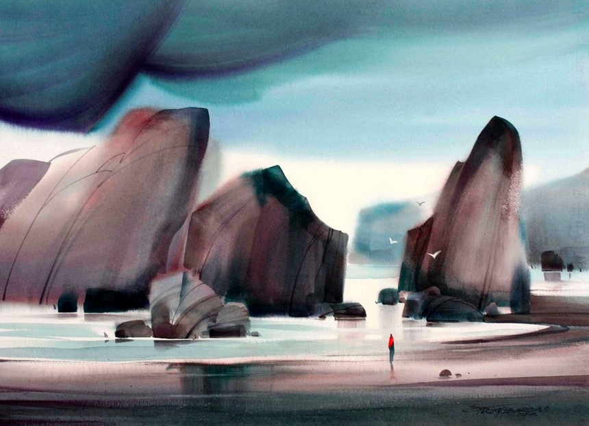 А здесь свет проявляется от промелька чаечек на фоне темной скалы и светлой границы воды