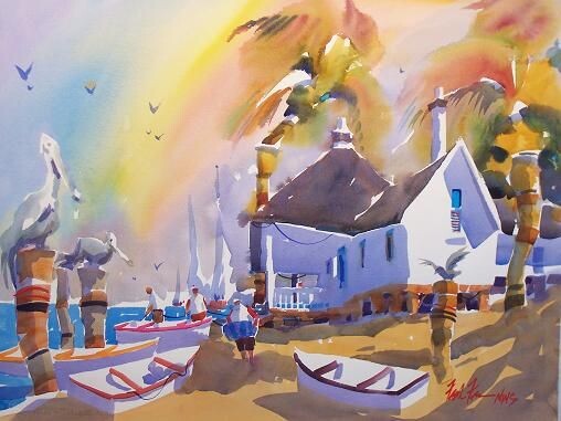 Белые лодки направляют нас вглубь. Их поддерживает фронтон дома и участки белых парусов. Остальное - почти размыто, без четких границ