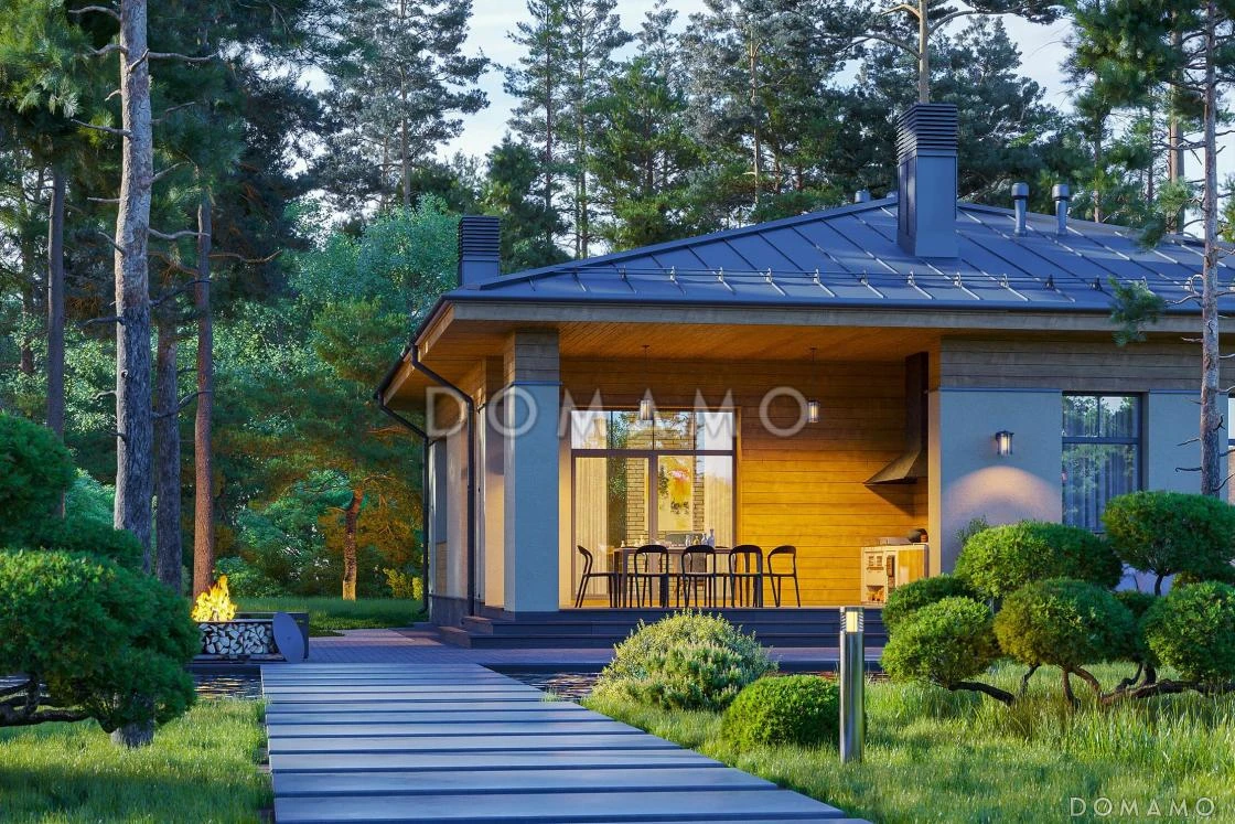 Проект D5247 – одноэтажный дом из газобетона с 3 спальнями и крытой террасой