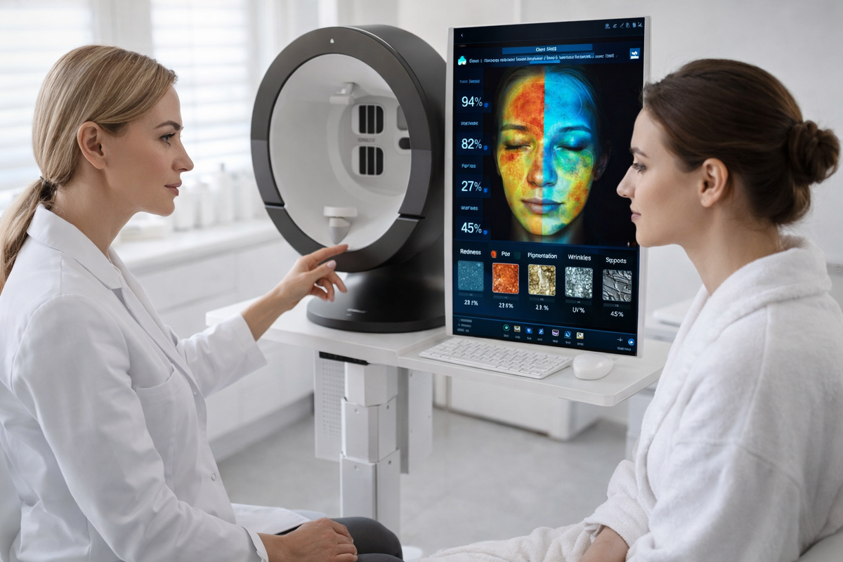 Анализатор кожи Meicet Pro A показывает состояние кожи в нескольких спектрах, выявляет зоны воспаления, покраснения, пигментации, сухости и изменения текстуры.