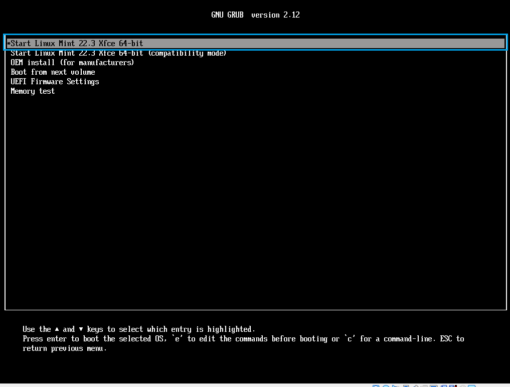 Меню GRUB Linux Mint Live CD