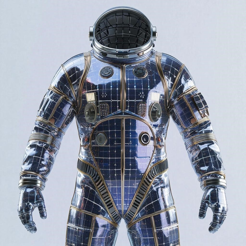 Начну сразу с козырей :) Это модель скафандра из солнечных батарей. Почему бы и не сделать такой в реальности? Чтобы на Земле он сам себя таскал и космонавту не приходилось нести 20-килограмовую одежду на себе.