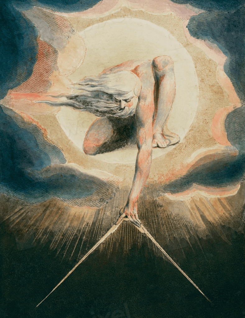 Ancient of Days Setting a Compass to the Earth (1794) illustration from Europe: a Prophecy by William Blake (1752-1827).