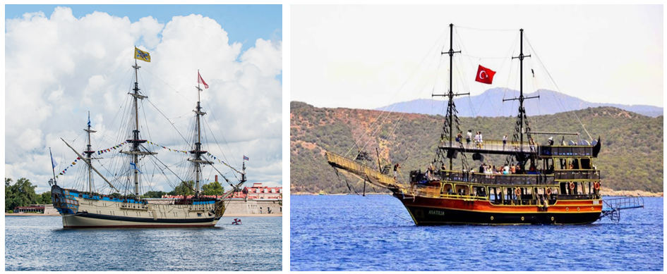 Аутентичная реплика петровского парусника «Полтава» (Санкт Петербург, Россия) и прогулочное туристическое судно «Black Angel» (Бодрум, Турция)