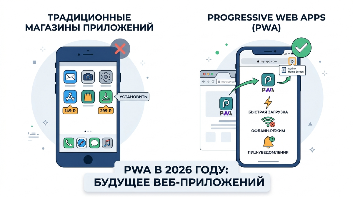 PWA-разработка в 2026: как прогрессивные веб-приложения экономят до 60% бюджета и заменяют нативные приложения для малого бизнеса.