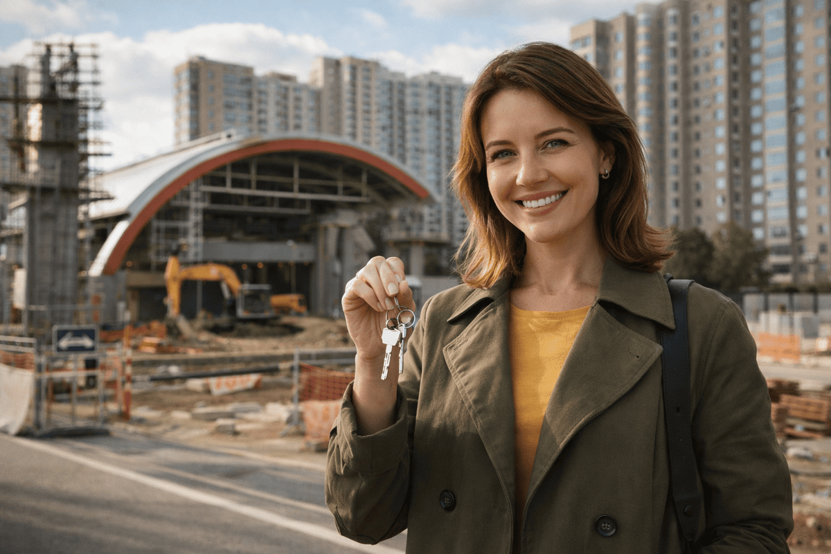 Покупательница квартиры у новой станции метро на фоне жилого района - как меняются цены на жилье после запуска метро или МЦД