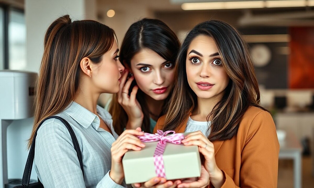 Как выбрать подарок коллеге - женщины в офисе обсуждают идею подарка для сотрудника, которого плохо знают
