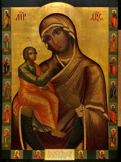 Икона Богоматери Иерусалимской. 1845 г. Н.В. Щепетов. Копия с чудотворной иконы Богоматери Иерусалимской, письма Кирилла Уланова, находившейся в старинном подмосковном городе Бронницы.