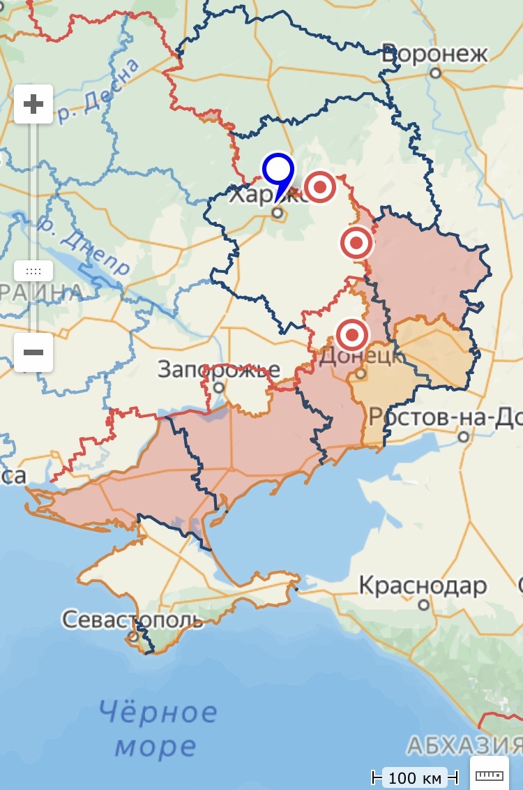 Красная линия - государственная граница РФ; не окрашенные в розовый цвет территории - части субъектов РФ, находящиеся под оккупацией противника