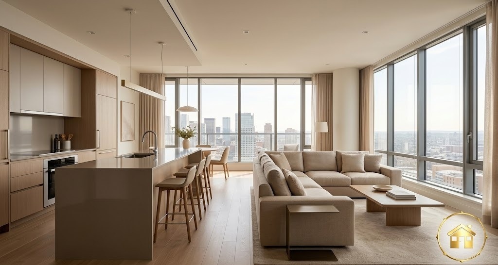 Просторный современный интерьер апартаментов