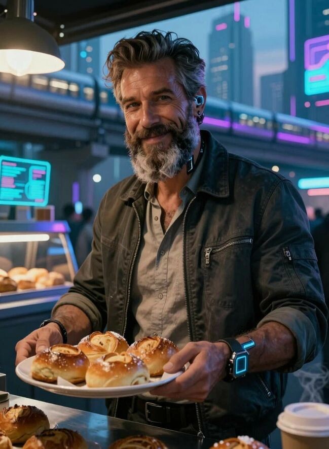 Пекарь в Киберсити. Старый пекарь все еще печет булочки и пирожки на улице города будущего.